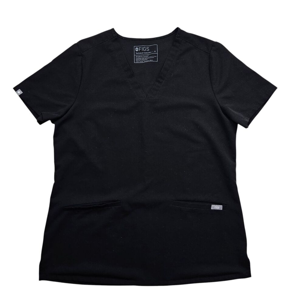 Figs Casma Three Pocket Scrub Top Womens Medium Black Uniform Technical - Picture 2 of 8